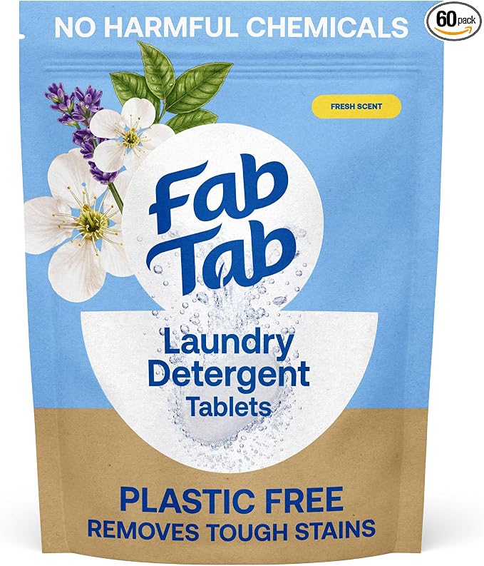 Fab Tab Laundry Detergent Tablets, Clean Ingredients, Sensitive Skin Friendly, Powerful & Gentle Clean, Fresh Scent, Plastic-Free Alternative to Liquids, Laundry Pods and Sheets, 60 Count.