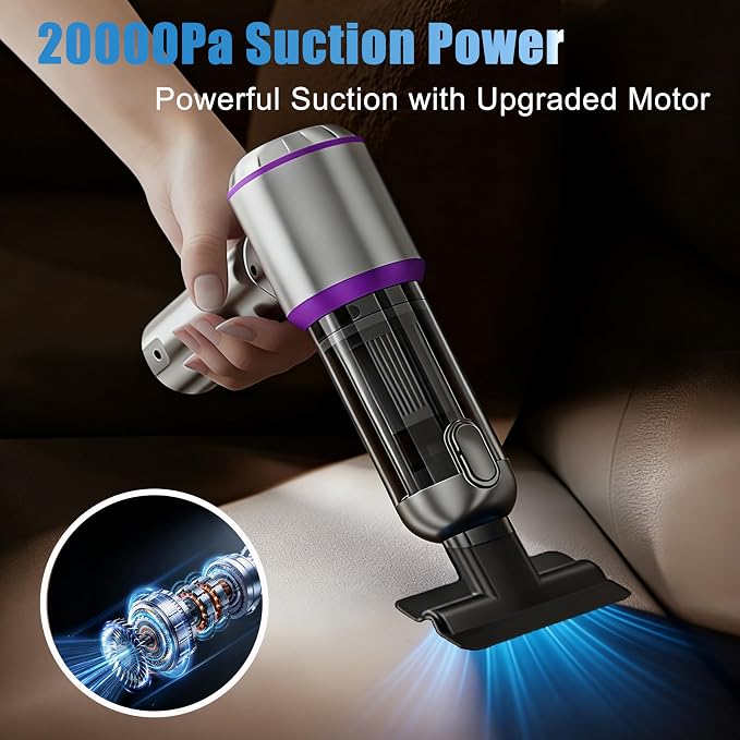 Handheld Car Vacuum Cordless with Air Duster, 30-Min Runtime 20000Pa Suction, Portable Rechargeable Small Handheld Vacuum for Car Detailing Interior Cleaning Pet Hair,Silver&Purple