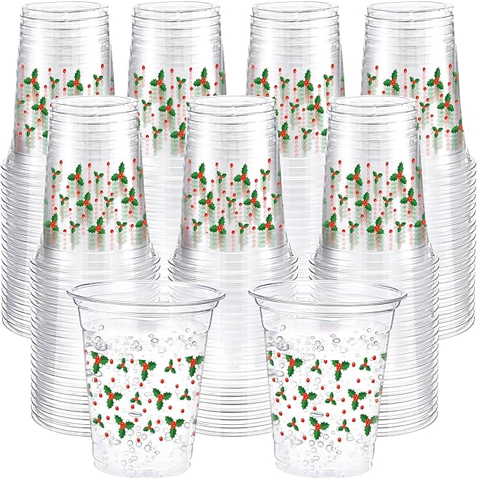 Jingmore 100 Pcs Christmas Plastic Cups 12 oz Holly Berry Red Green Leaves Disposable Clear Plastic Drinking Cups Bulk for Xmas Winter Holiday Party Decorations Supplies