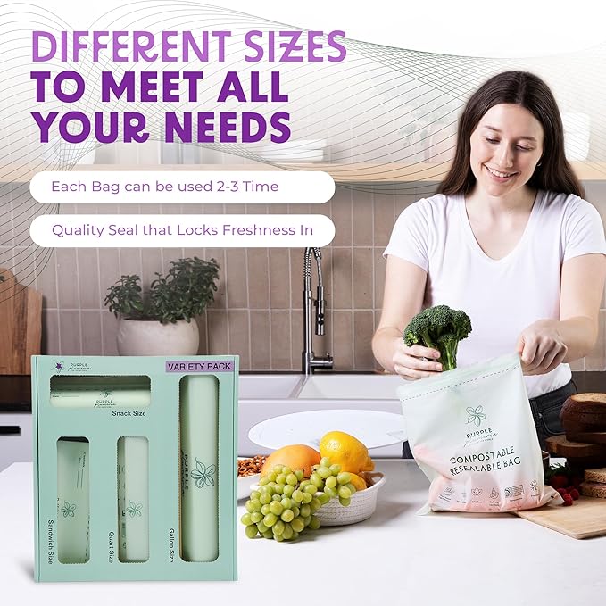 100% Certified Compostable kitchen Bags 230 Count, Resealable BioBased, Leak Proof, Freezer safe, 80 Snack, 80 Sandwich, 50 Quart, 20 Gallon Bags (Variety Pack) | Biobased, Leak-Proof, Durable, Freezer-Safe, Extra Strong