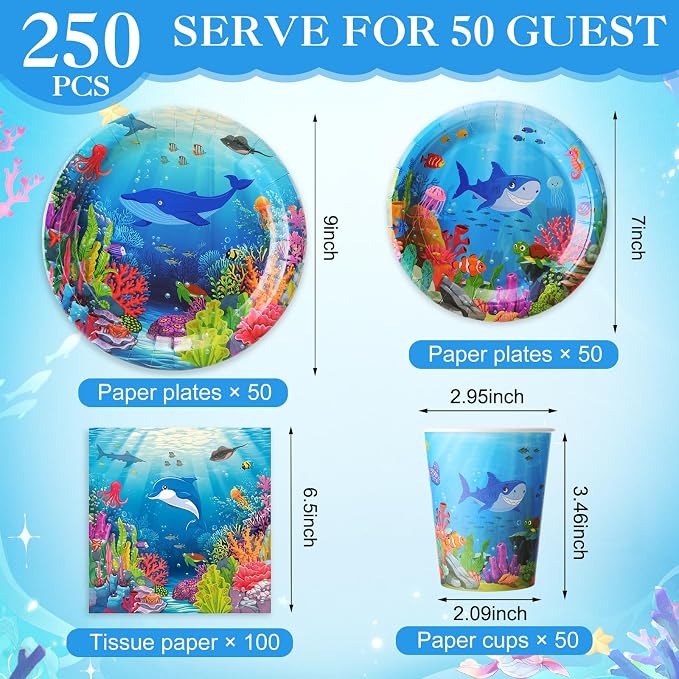 Pickmesh 250 Pcs Under the Sea Party Supplies Decorations Serve 50 Ocean Birthday Party Plates and Napkins Set Sea Animal Theme Disposable Paper Tableware Set Underwater Creatures Birthday Decorations
