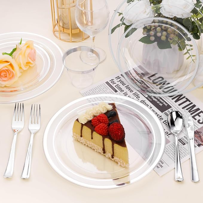 BESTSTAR 7 Inch Clear with Silver Rim Plastic Plates,100PCS Disposable Dessert/Appetizer/Small Cake Plates,Heavy Duty Plate Ideal for Wedding and Birthday Party