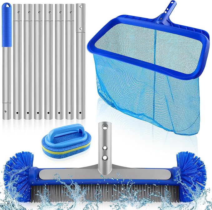 Heavy Duty Pool Cleaning Kit with Aluminum Pole, Wall Brush & Leaf Skimmer | 10.5FT Telescoping Pole, 17" Nylon Bristle Brush, Leaf Rake, Handheld Sponge brush, Fits Inground & Above Ground Pools