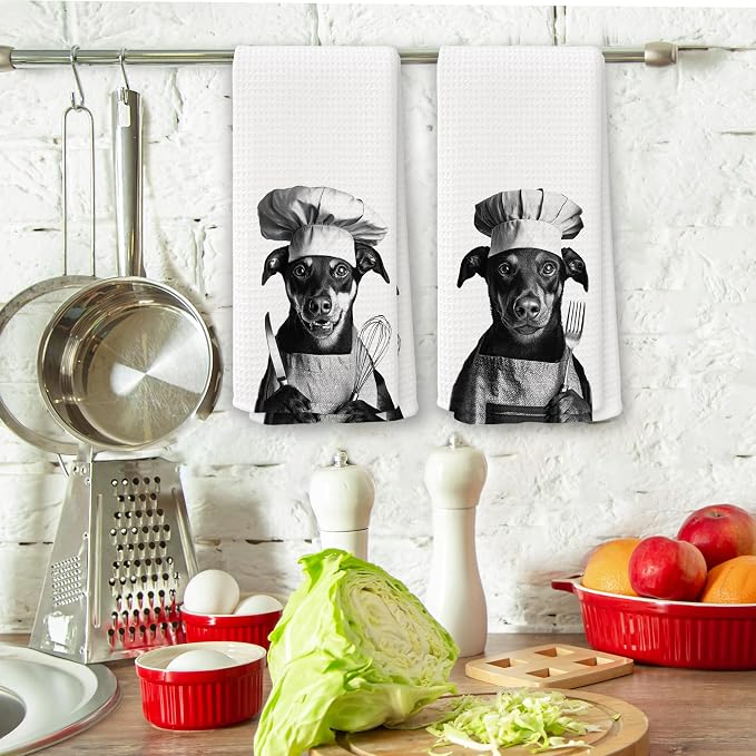 Funny Chef Doberman Pinscher Kitchen Towels Set of 2, Doberman Gifts for Women Dish Tea Towels for Kitchen, Dog Mom Lovers Owner Gifts Decorative Hand Towel, 16x24 Inch