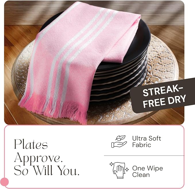 Rose Pink Monochrome Stripe Kitchen Towels 12 Pack, 16x26 Inch, 100% Cotton, Super Absorbent & Quick Dry, Durable, Fringed Dish Towel for Drying Dishes, Washable, Everyday Use