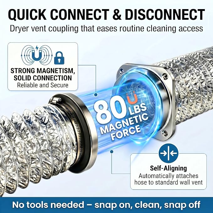 DV180 Magnetic Dryer Vent Kit, Prevent Lint Fires, Saves 4-6" Space, Self-Aligning Quick-Release, 4" x 3.3ft Aluminum Duct, Airtight Tool-Free Cleaning for Safe Low-Lint Ventilation (Sliver)