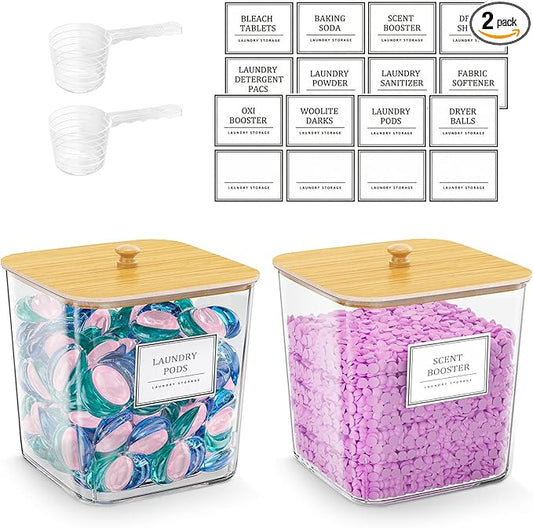 HomePekite 2 Pack Laundry Pods Container,Laundry Room Organization and Storage Containers with Wooden Lids & Labels Large Laundry Detergent Container for Powder,Scent Booster,Pods,Dryer Ball