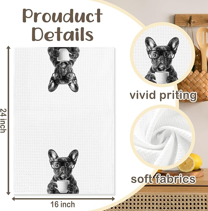 Funny French Bulldog Kitchen Towels, Dog Kitchen Accessories, Dog Chef Gifts for Women Decorative Hand Towels for Kitchen Decor, Coffee Lovers Gifts Dish Tea Towel, 16x24 Inch