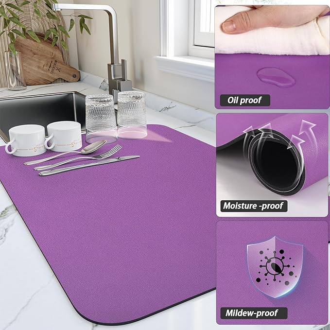 HotLive Dish Drying Mat for Kitchen Counter, Heat Resistant Drainer Mats with Non-slip Rubber Backed, Hide Stain Kitchen Super Absorbent Draining Mat, Easy to Clean Dish Rack Pad, Purple 16"x18"