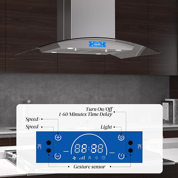 FIREGAS Island Range Hood 36 inch 700 CFM, Island Mount Kitchen Vent Hood with Tempered Glass, 4 LED Lights, 3 Speed Fan,Touch Control,Permanent Filter,Charcoal Filter, Stainless Steel,Ceiling Mount