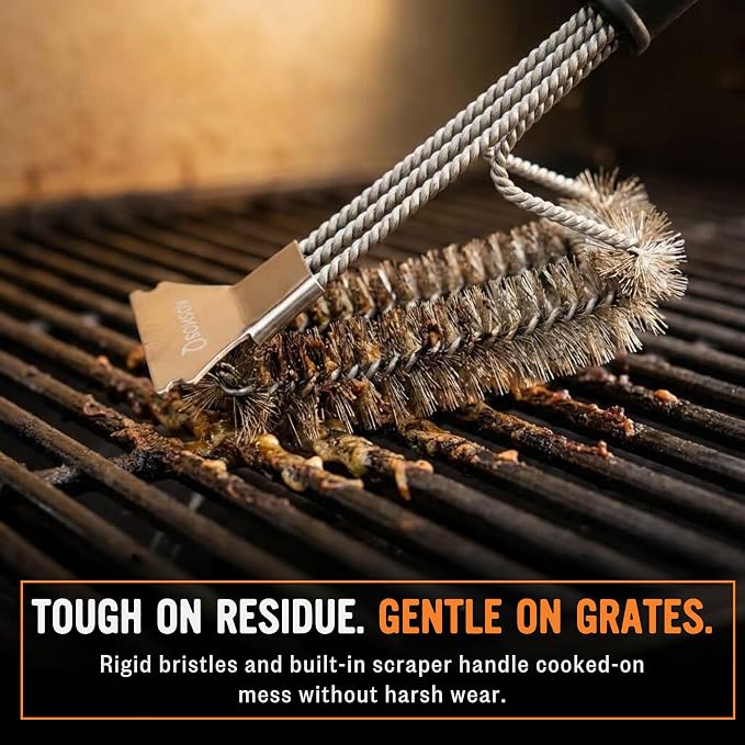 Kosmos Q Grill Brush with Scraper, for Him, Heavy Duty BBQ Grill Cleaning Brush for Gas, Charcoal, Pellet & Smoker Grills, Grill Grate Cleaner Tool for Cooking & Barbecue Accessories