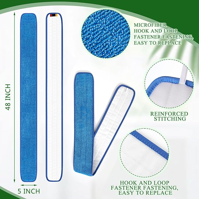 6 Pcs Large 48 Inch Commercial Replacement Microfiber Pads Reusable Wrestling Wet Mop Refill Pads for Flat Mop Frames Wet and Dry Use (Blue)