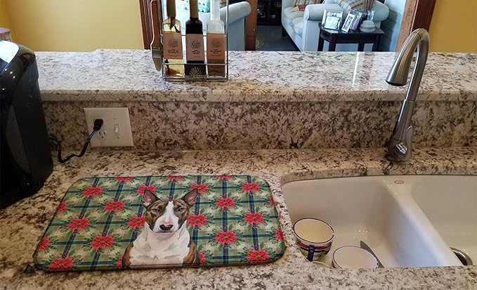 Caroline's Treasures Brindle and White Bull Terrier Christmas PoinsettIas Dish Drying Mat Absorbent Dish Drying Mat Pad for Kitchen Counter Dish Drainer Mat for Countertop, 14 x 21", Multicolor