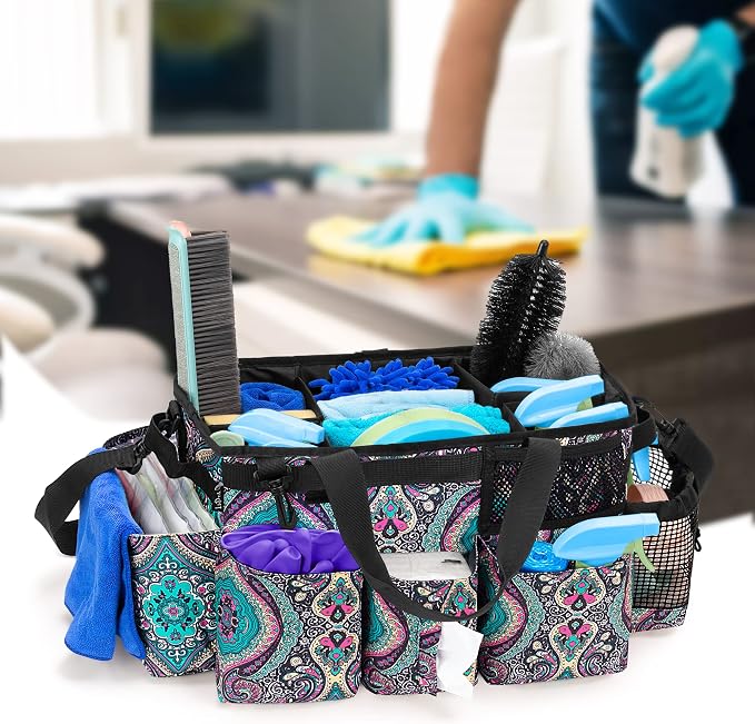 LoDrid Wearable Cleaning Caddy Bag with 4 Foldable Dividers, Cleaning Supply Organizer with Shoulder Strap and Side Handles for Cleaners & Housekeepers, Totem
