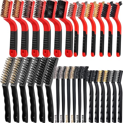 Sumind 30 Pcs Wire Cleaning Brush Set Nylon/ Stainless Steel/ Brass Metal Brush with Curved Handle Grip Paint Remover for Cleaning Rust Grout Cleaner (Nylon, Brass, Stainless Steel)