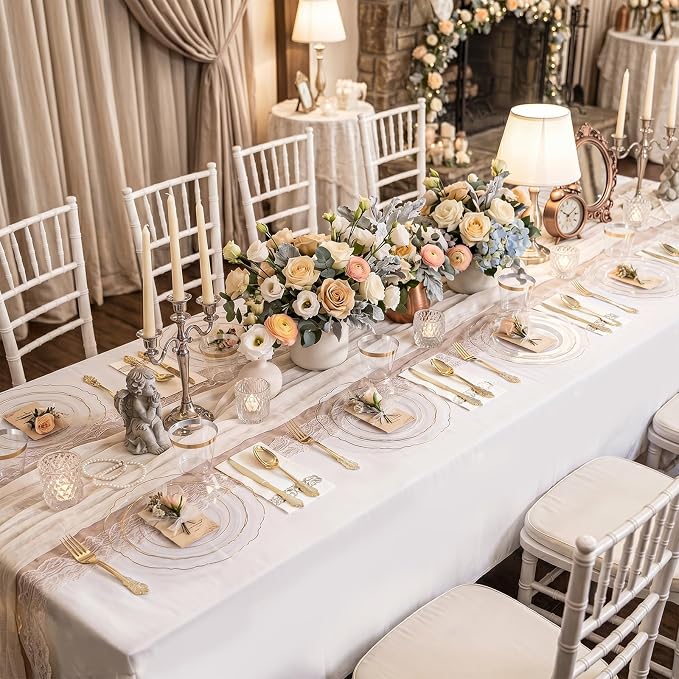 KIRE 210Pcs Clear and Gold Plastic Plates - Heavy Duty Clear Plates with Gold Rim - Disposable Dinnerware Sets of 60 Plastic Plate 90 Silverware 30 Cups 30 Napkins for Wedding/Party