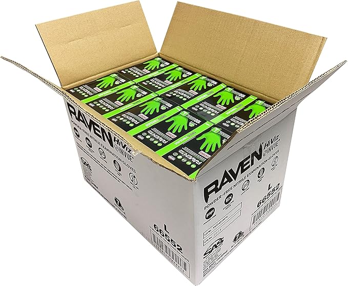 SAS Safety RAVEN HiViz Neon Green Nitrile Gloves (formerly Derma VUE), Size LARGE, 7 MIL, Powder Free - 10 Boxes of 100 Gloves By Weight (1000 Count)