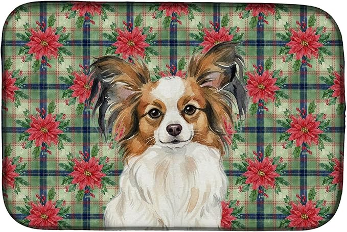 Caroline's Treasures White with Sable Papillon Christmas PoinsettIas Dish Drying Mat Absorbent Dish Drying Mat Pad for Kitchen Counter Dish Drainer Mat for Countertop, 14 x 21", Multicolor