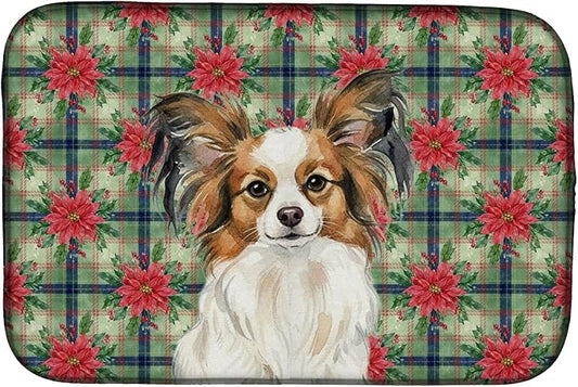 Caroline's Treasures White with Sable Papillon Christmas PoinsettIas Dish Drying Mat Absorbent Dish Drying Mat Pad for Kitchen Counter Dish Drainer Mat for Countertop, 14 x 21", Multicolor