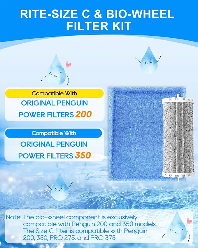 2+2 Pack Rite-Size C Aquarium Filters with Bio Wheel Aquarium Filter Compatible with Marineland Filter Penguin 200/200B/350/350B, Fish Tank Filters Replacement Kit