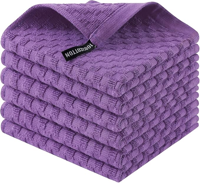 Homaxy 100% Cotton Terry Kitchen Dish Cloths, Ultra Soft Absorbent Dish Towels with Hanging Loop, Pineapple Grid Designed, 12 x 12 Inches, 6-Pack, Purple