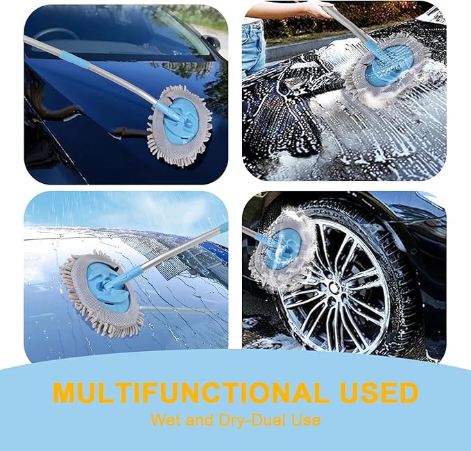 15° Curved Car Wash Brush with 43" Telescopic Handle, Microfiber Chenille Car Wash Mop for RV, SUV, Truck & Boat – Soft Scratch-Free Extendable Cleaning Tool (Light Blue&Silver Gray)