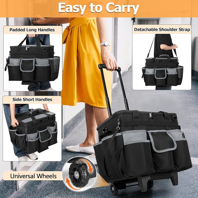 HODRANT Large Rolling Cleaning Caddy with Detachable Trolley & Lid, Cleaning Cart on Wheels with Shoulder Strap & Handles, Cleaning Supplies Organizer with Multi Pockets for Cleaning Tools Storage