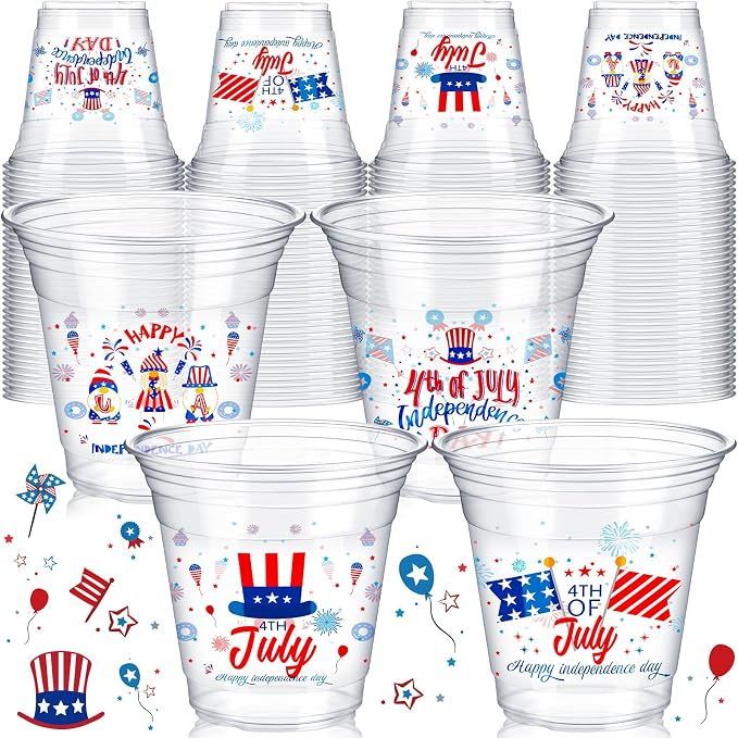 Tanlade 200 Pcs 4th of July Plastic Cups 12 oz Patriotic Red White and Blue Cups Disposable American Flag Design 250th Anniversary Party Supplies for Fourth of July Independence Day Decorations