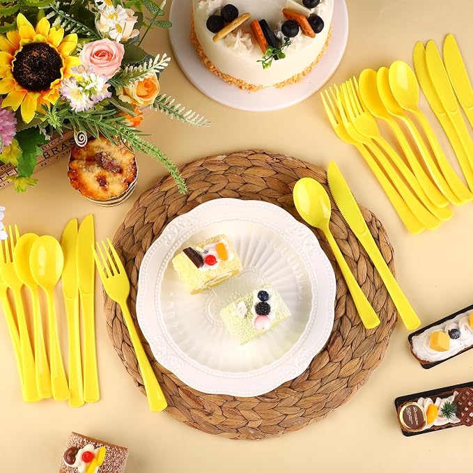 Kochorie 300 Pieces Graduation Yellow Plastic Silverware, Disposable Plastic Utensils, Heavy Duty Cutlery Set Heavyweight Flatware Includes Spoons Forks Knives for Birthday Party Wedding Dinner