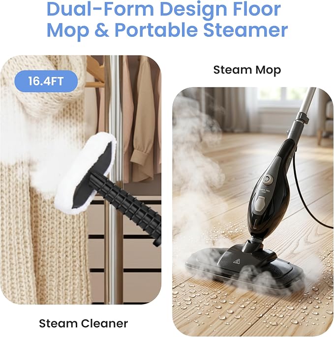 Simple Deluxe 10-in-1 Steam Mop, 1550W Detachable Handheld Steam Cleaner with 16FT Cord & 2 Pads, Multi-Surface Floor Steamer for Hardwood, Tile, Carpet, Windows, Grey