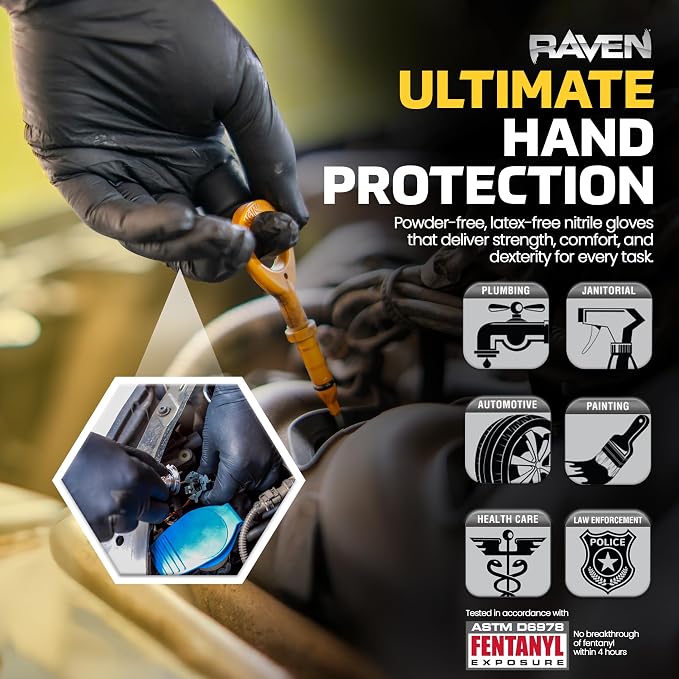 Raven Powder Free Nitrile Disposable Gloves | 7 Mil | Latex Free, Chemical + Puncture Resistant, Single Use |