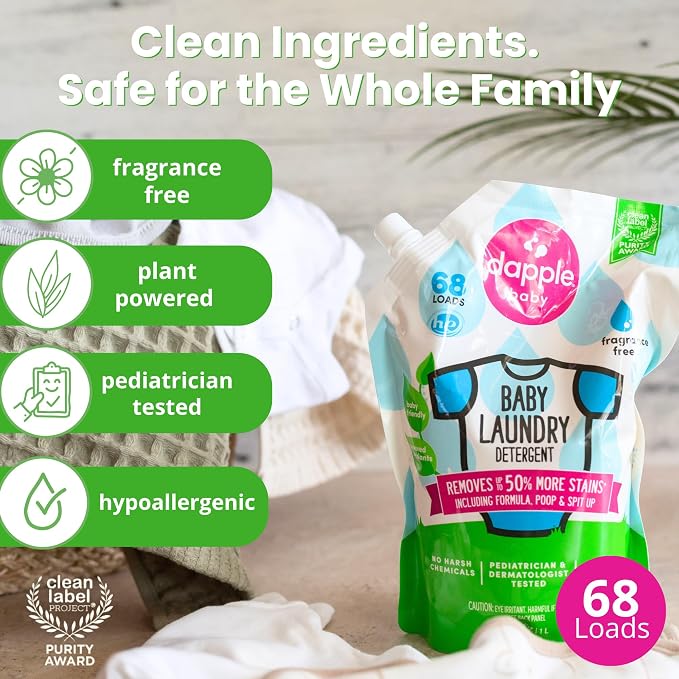 Dapple Baby Laundry Detergent, Powered by Plants, Concentrated, Hypoallergenic, Fragrance Free, Eco-Friendly Pouch, Stain Remover, 34 Fl Oz (3 Pack)