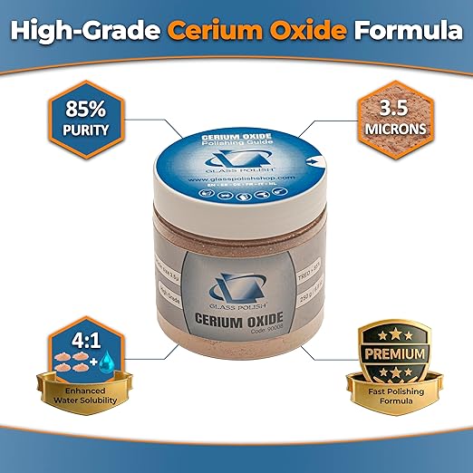GLASS POLISH PRO Cerium Oxide Glass Polishing Powder – 8.8oz (250g) High-Grade 85% Pure Suspension-Treated Formula, 3.5 Micron for Glass Scratch Removal, Windshield Polishing and Restoration