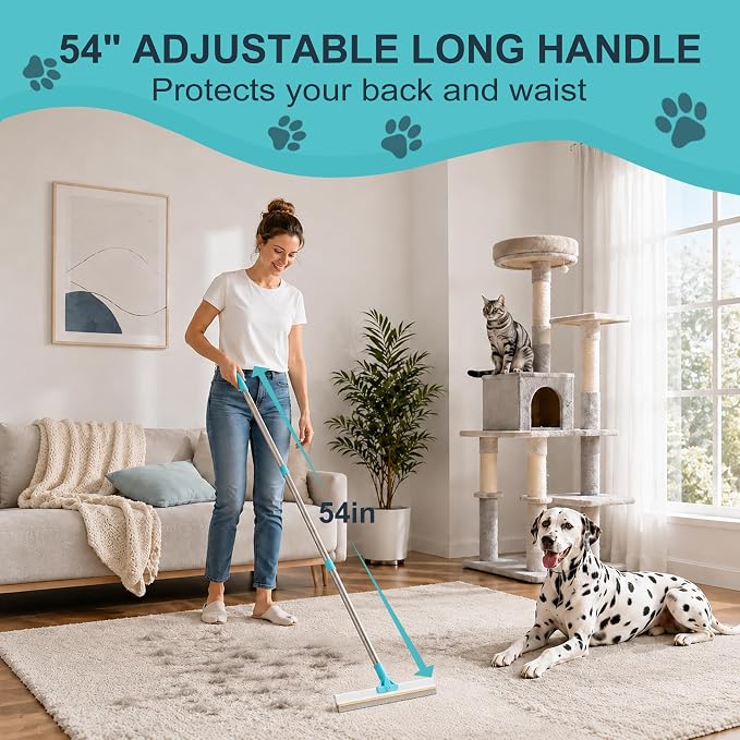 Carpet Rake for Pet Hair Removal Tool, Cat & Dog Pet Hair Remover Broom with 54” Adjustable Long Handle, Reusable Carpet Brush Rake for Rugs, Mats, Couch, Furniture