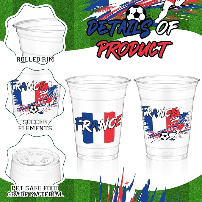Jingmore 50 Pcs Soccer Plastic Cups 12 oz International Countries Soccer Disposable Plastic Cups Thick Clear Drinkware for Sports Games Party Supplies (France)
