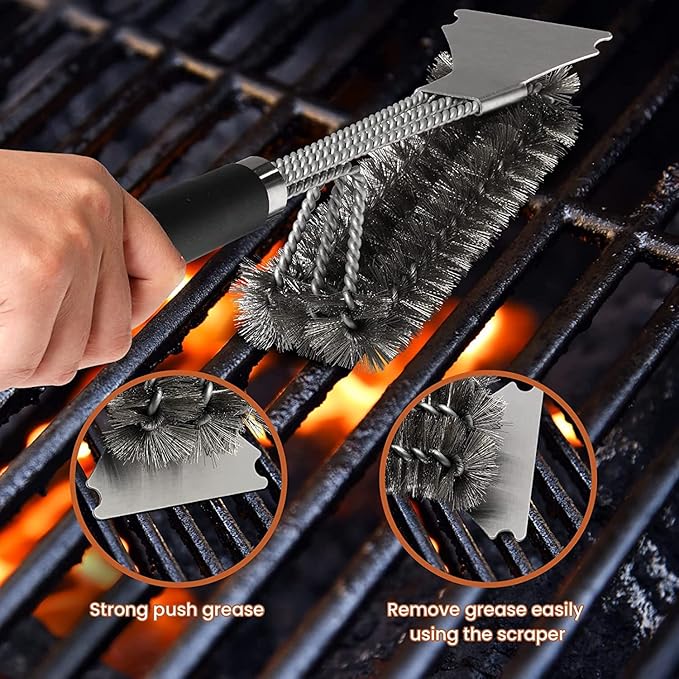 Simple Deluxe 2-Pack Grill Brush and Scraper, Safe BBQ Bristles Grill Cleaner Brush, 18" Stainless Steel Woven Wire with Exchangeable Handle for All Grates, Gifts for Men Dad