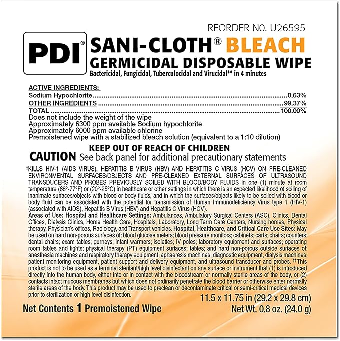 Pdi Sani-Cloth Bleach Wipe 11.5" X 11.75" - Model U26595 - Box of 40