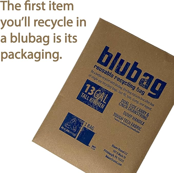 blubag Reusable Recycling Bag, 13-Gal Tall Kitchen, basic edition – Paracord Drawstring, Cinch Hardware, Dump Handle, 1-Pack