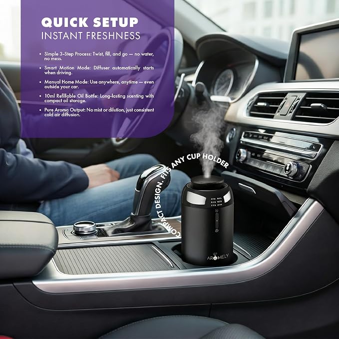 Car Diffuser & Home Air Freshener Waterless – Rechargeable – Intelligent Aroma Diffuser with Dual Mode – Portable Odor Eliminator for Car, Office Desk, and Small Room – Up to 150 SQFT (Black)