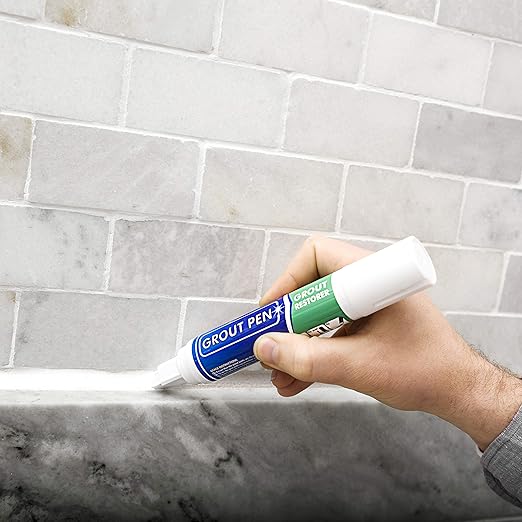 Grout Pen Tile Paint Marker: White 2 Pack with Extra Tips (Narrow, 5mm) & Large White (Wide, 15mm Tip) - Waterproof Grout Colorant and Sealer Pen to Renew, Repair, and Refresh Tile Grout