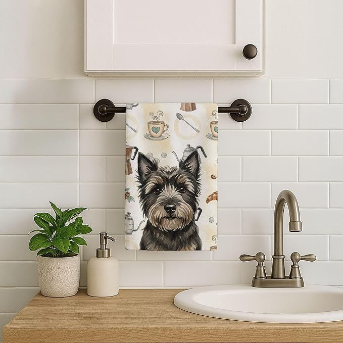 Caroline's Treasures Black Cairn Terrier Coffee Bar Kitchen Towel Velour Plush Front and Cotton Loop Back Machine Washable