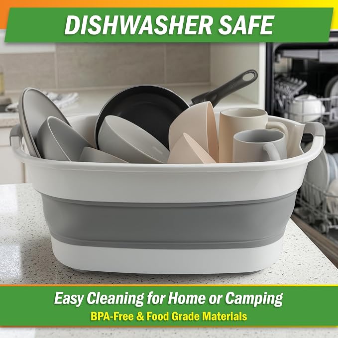 Collapsible Wash Basin - 20L Portable Sink with Drain Plug - Foldable Plastic Tub Dish Pan for Camping Gear, Handwashing Laundry, Vegetables, Dishes, Bottles, or RV Dishpan by Wakeman Outdoors (Gray)
