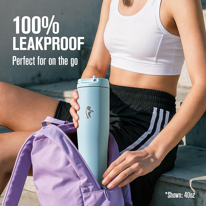 Coolflask Water Bottle 32 oz Fits Car Cup Holder, Slim Tumbler Stainless Steel with Straw & Handle, Vacuum Flask Leakproof Wide Mouth for Travel Sports Gym, Blue