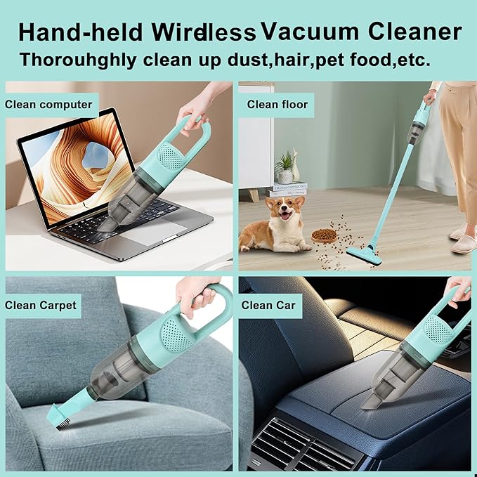 6-in-1 Lightweight Stick Vacuum Cleaner with 100W Powerful Motor, Mini Portable Household Handheld Vacuum Cleaner for Domestic Hard Floors, Carpets and Pet Hair(Green Cordless)