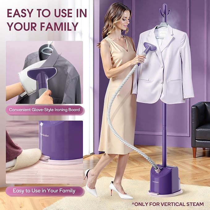 Newbealer Standing Garment Steamer 1500W Full-Size with Foot Pedal (Purple) | 1.7L Large Water Tank, 45s Fast Heat-Up, 50-Min Vertical Steaming, Auto-Off, for Home/Hotel/Laundry
