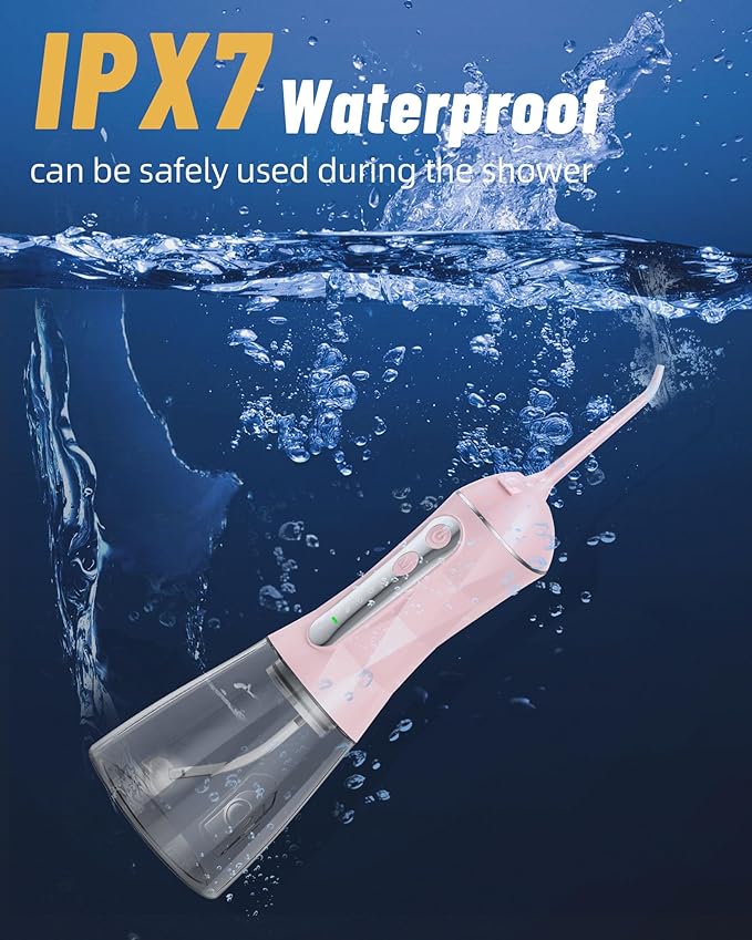 Electric Water Dental Flosser - Cordless Portable Teeth Cleaner, Rechargeable 320ML Larger Water Tank Oral Irrigator, 4 Modes with 5 Jet Tips and Travel Bag, IPX7 Waterproof (Pink)