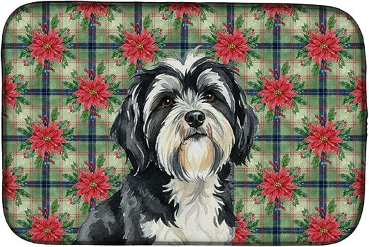 Caroline's Treasures Black and White Tibetan Terrier Christmas PoinsettIas Dish Drying Mat Absorbent Dish Drying Mat Pad for Kitchen Counter Dish Drainer Mat for Countertop, 14 x 21", Multicolor