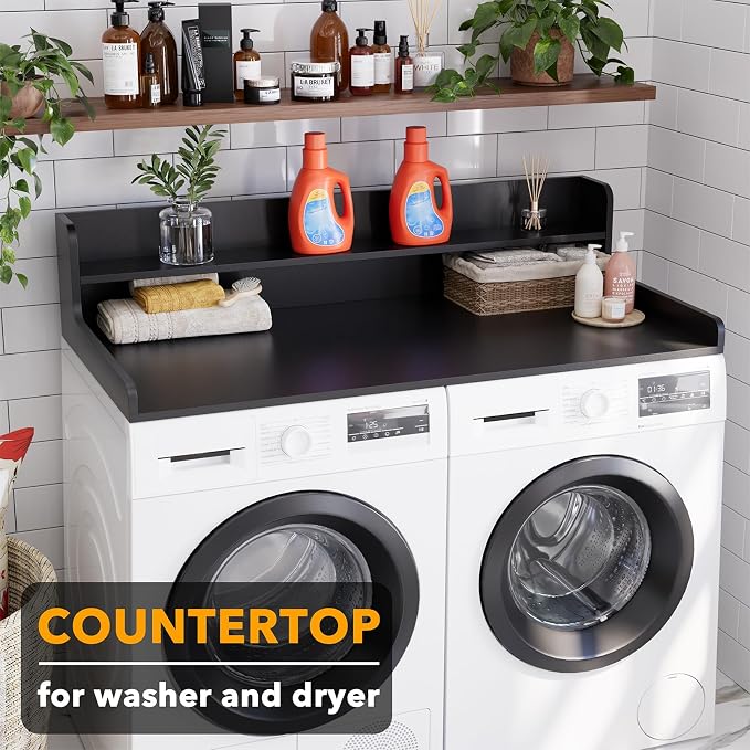 SpaceAid Washer Dryer Countertop with 2-Tier Shelf, Wood Topper with Edge, 54" Width x 27.5" Depth Cover Organizer Guard for Washer and Dryer Counter Laundry Hamper Storage (Black)