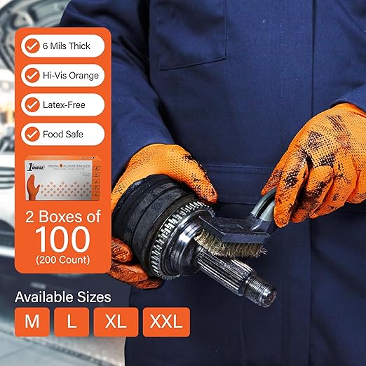 1st Choice 6 mil Orange Gloves, Disposable, Latex Free, Raised Diamond Grip, Mechanic Glove for Men, Large, 2 Boxes of 100