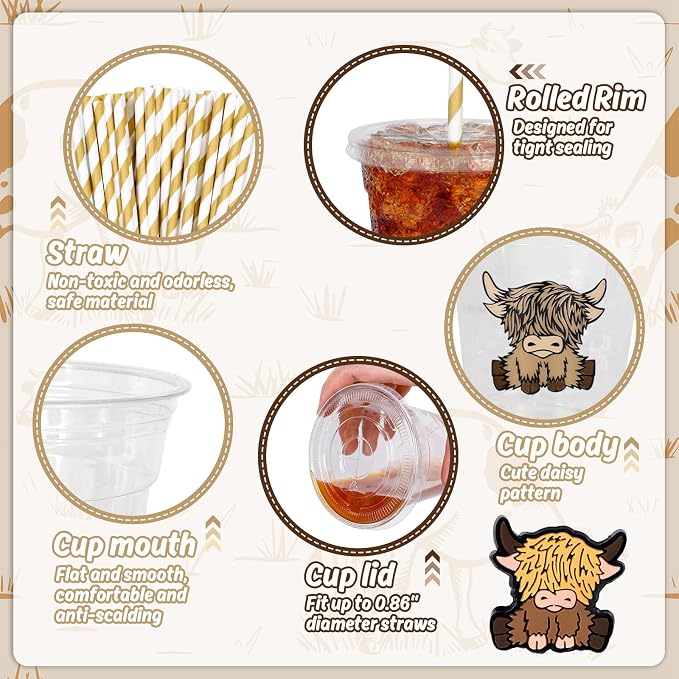 Whaline 50 Pcs Highland Cow Disposable Plastic Cups with Lids and Straws 12 oz Cute Farm Cow Party Cup Cold Beverage Drinking Cups for Birthday Baby Shower Wedding